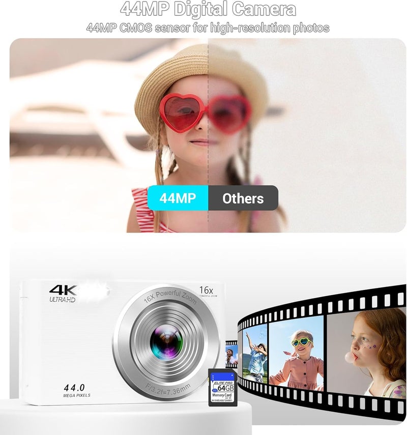 ceye Digital Camera, FHD 4K Compact Cameras with 64GB SD Card 2 Batteries, Portable Travel Digital Camera with 16X Autofocus Digital Zoom Small Camera for Teens Kids Boys Girls - Image 3